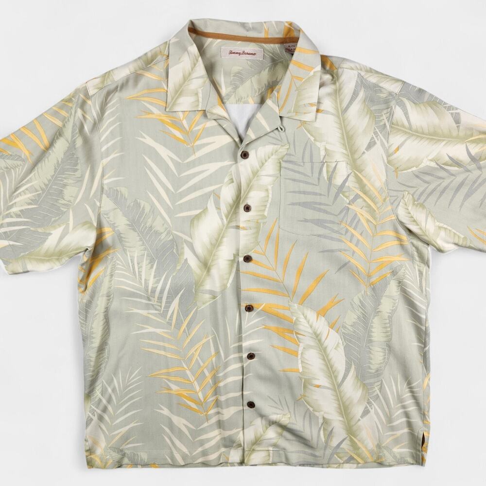 Tommy Bahama Silk Camp Shirt Men's XL Green Hawaiian Palm Print Loop Collar